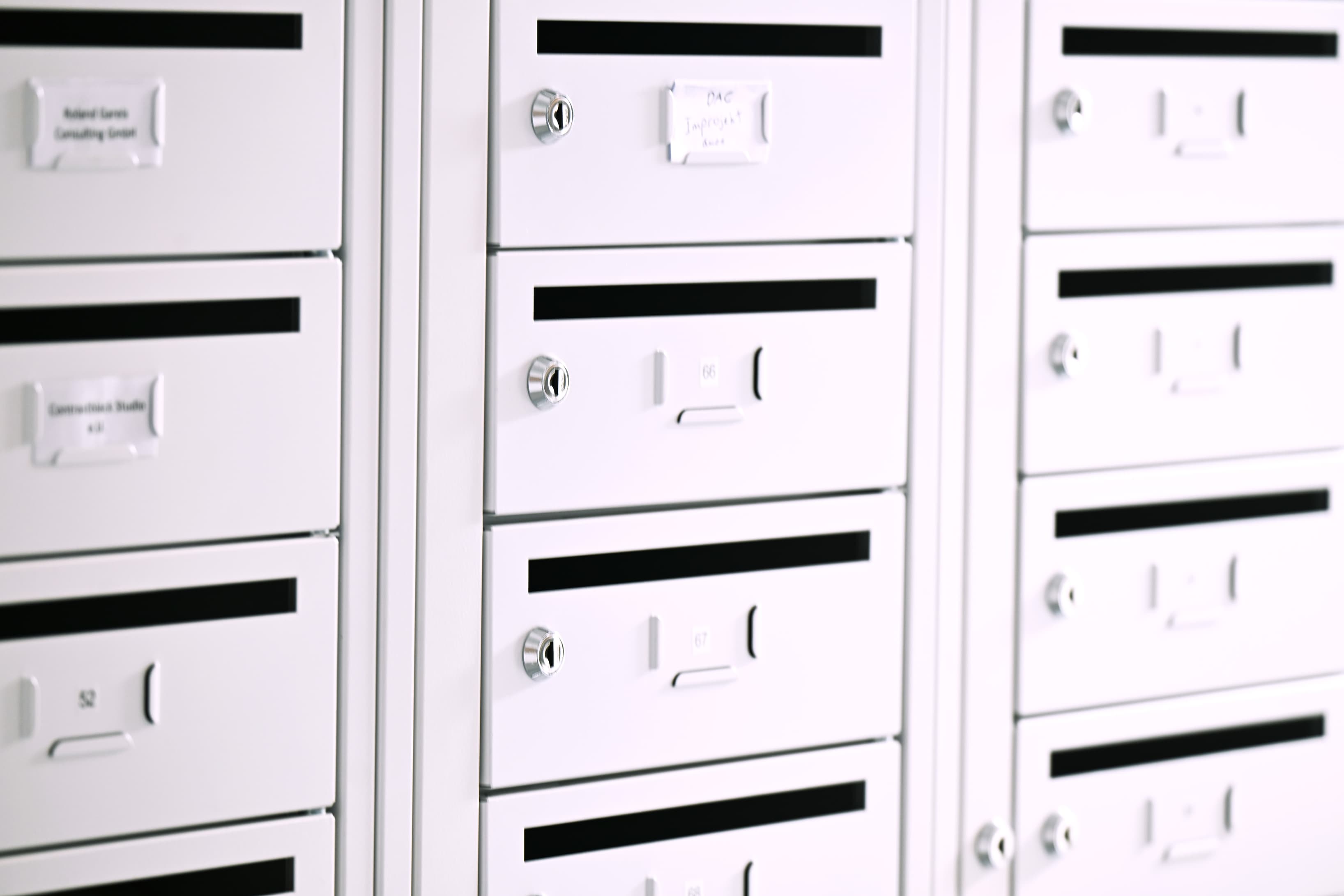 Secure mailboxes for business address services.