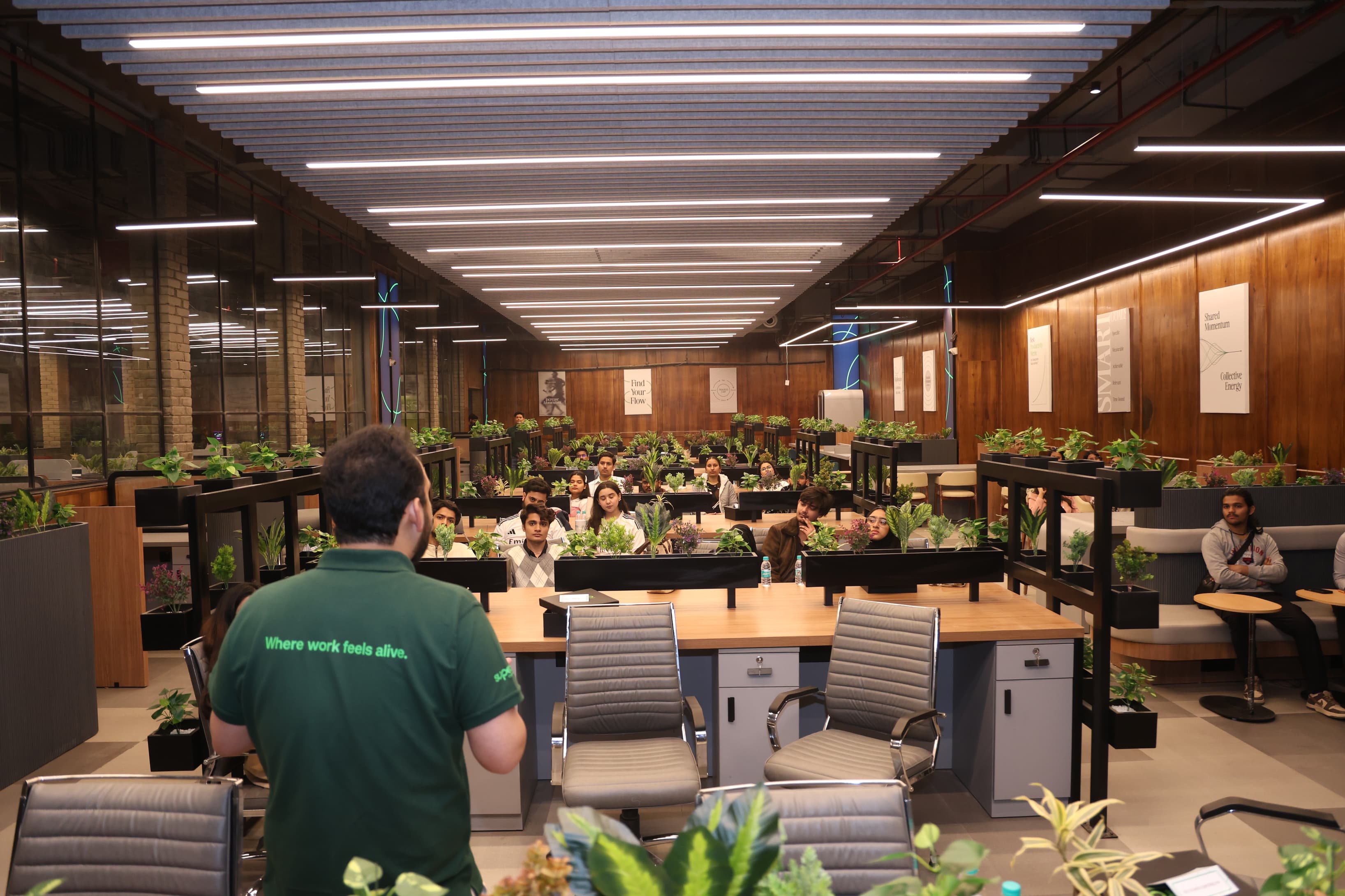 Superco – S1 Workspace showcasing four seating arrangements: Super seats, work desks, private desks, and lounge seats.