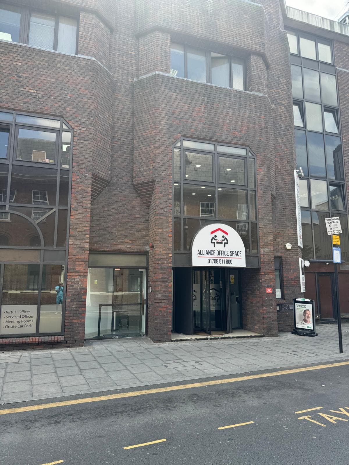 Exterior of Alliance Office Space building entrance on Eastern Road, Romford.