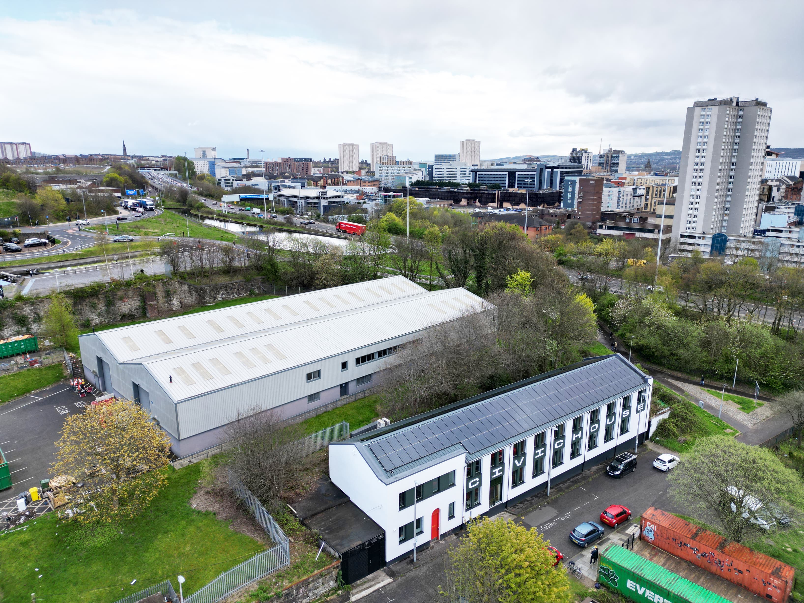 Aerial view of building from motorway