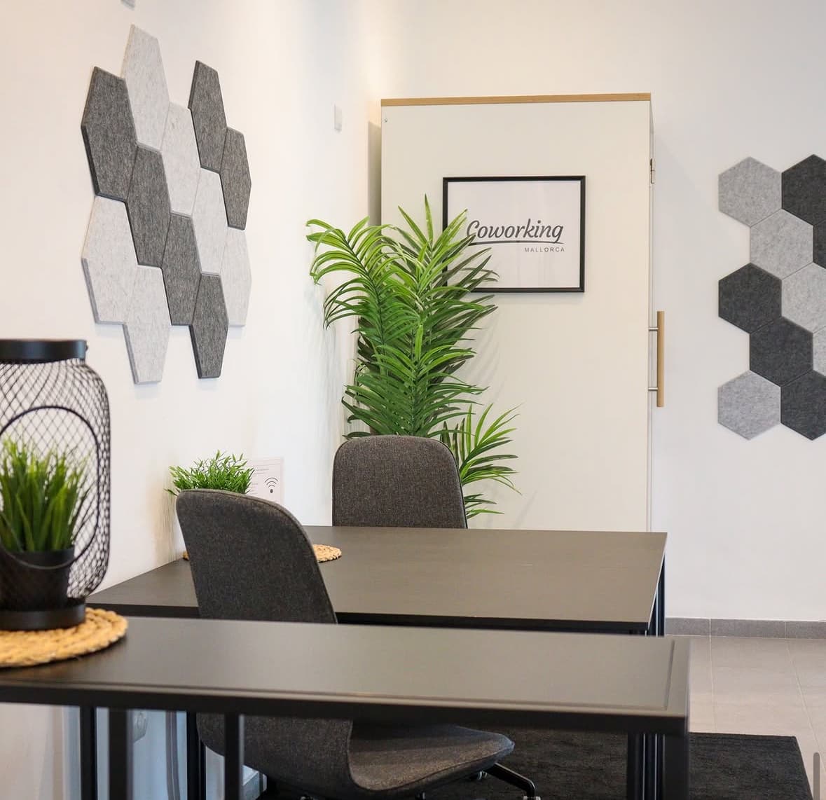 Modern coworking corner with clean design and greenery
