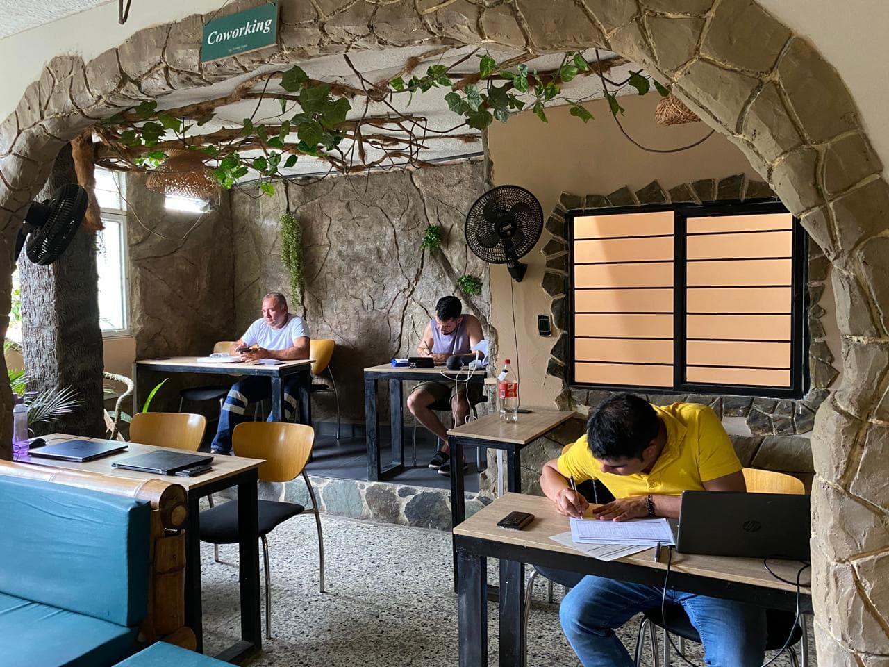 Cozy coworking space surrounded by natural elements, warm lighting, and comfortable seating at Hotel Grand Ilama in Cali.