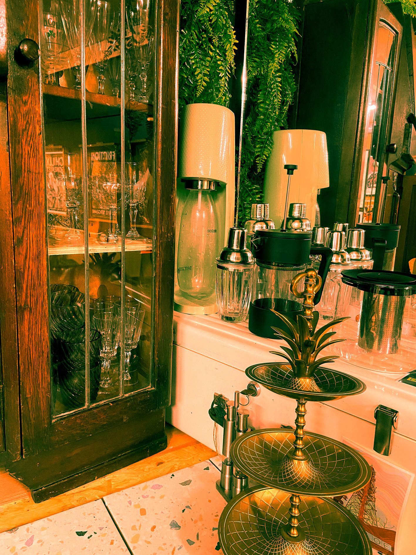Vintage tea sets and glassware, cocktail club coming soon!