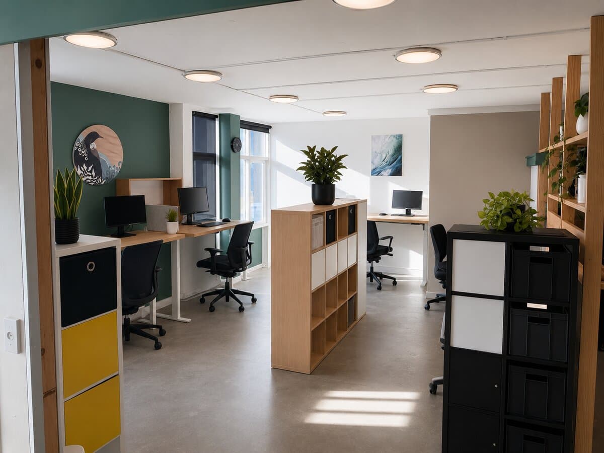 Bright desk pods with harbour-side outlook and personal storage