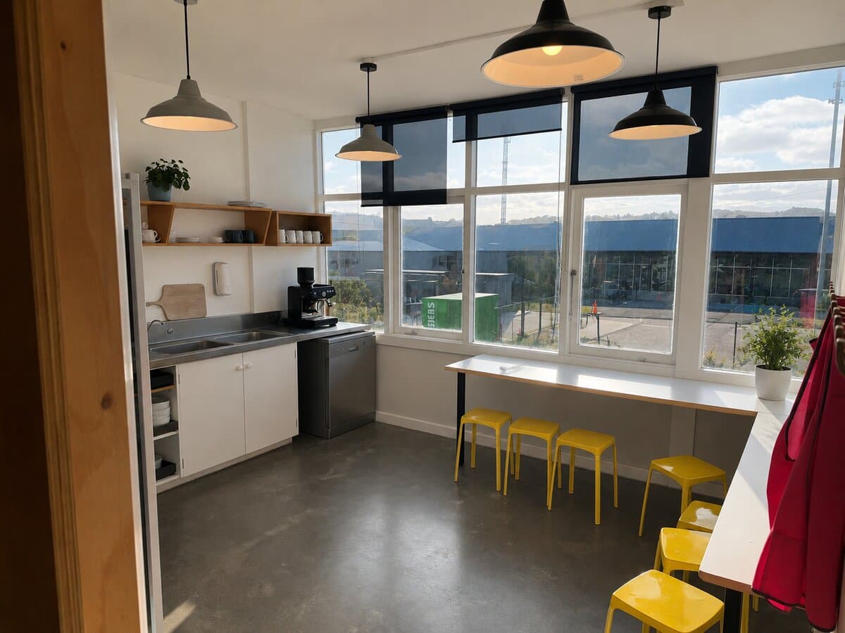 Large shared kitchen with barista coffee machine and seating