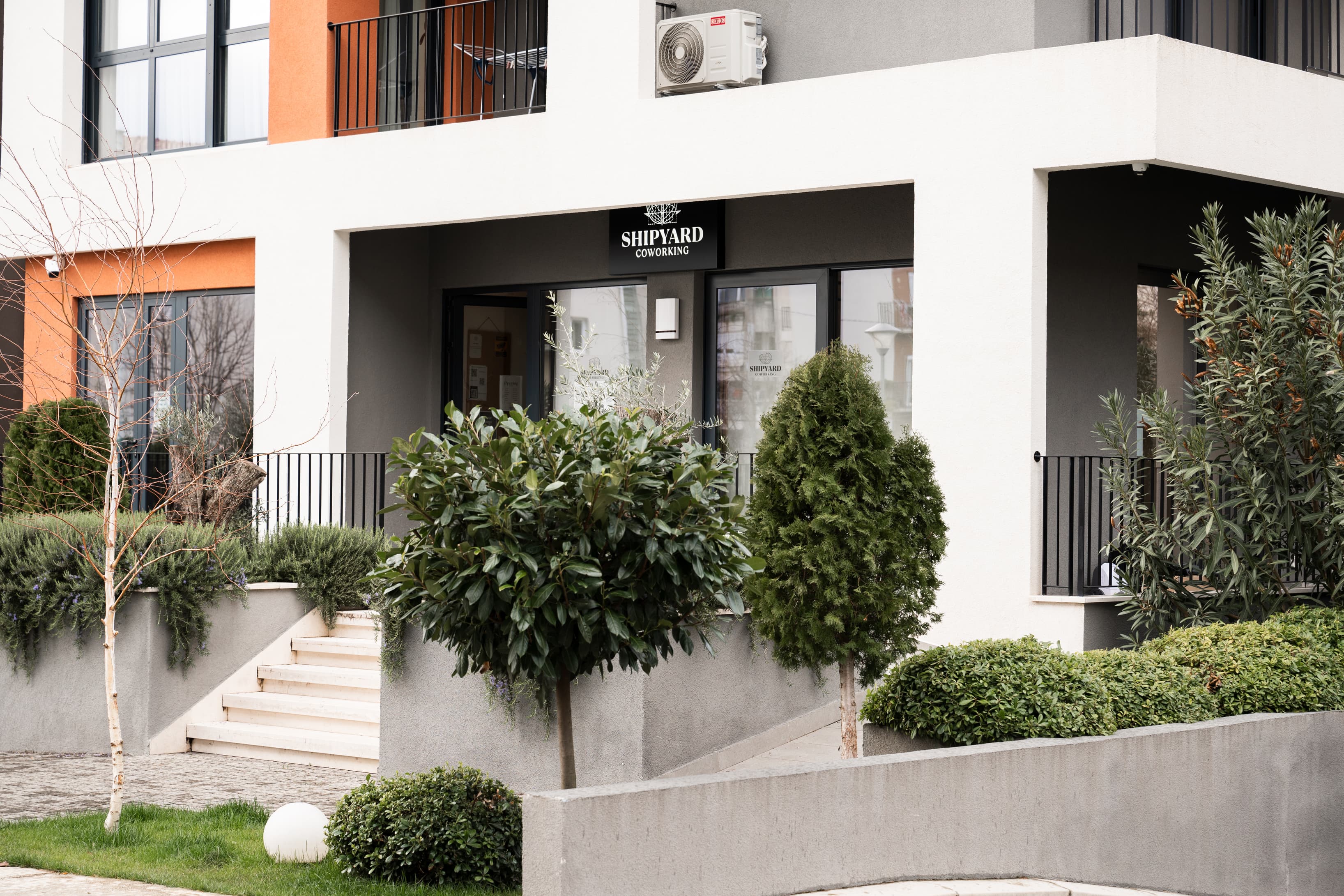 Exterior view of Shipyard Coworking, located in Tivat — modern, accessible, and welcoming.