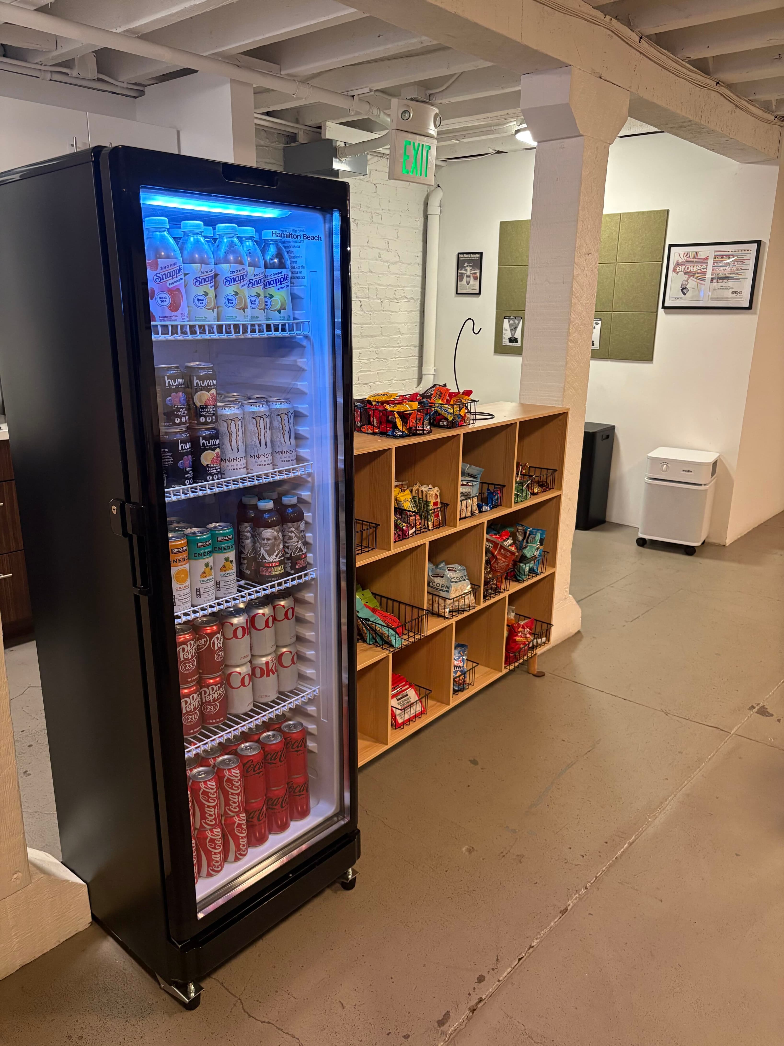 Stocked cooler and pantry shelves with refreshments and snacks available throughout the day. Keep energized with drinks, snac