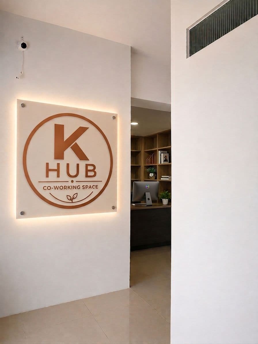 Welcoming entrance with branded signage and a warm reception desk.