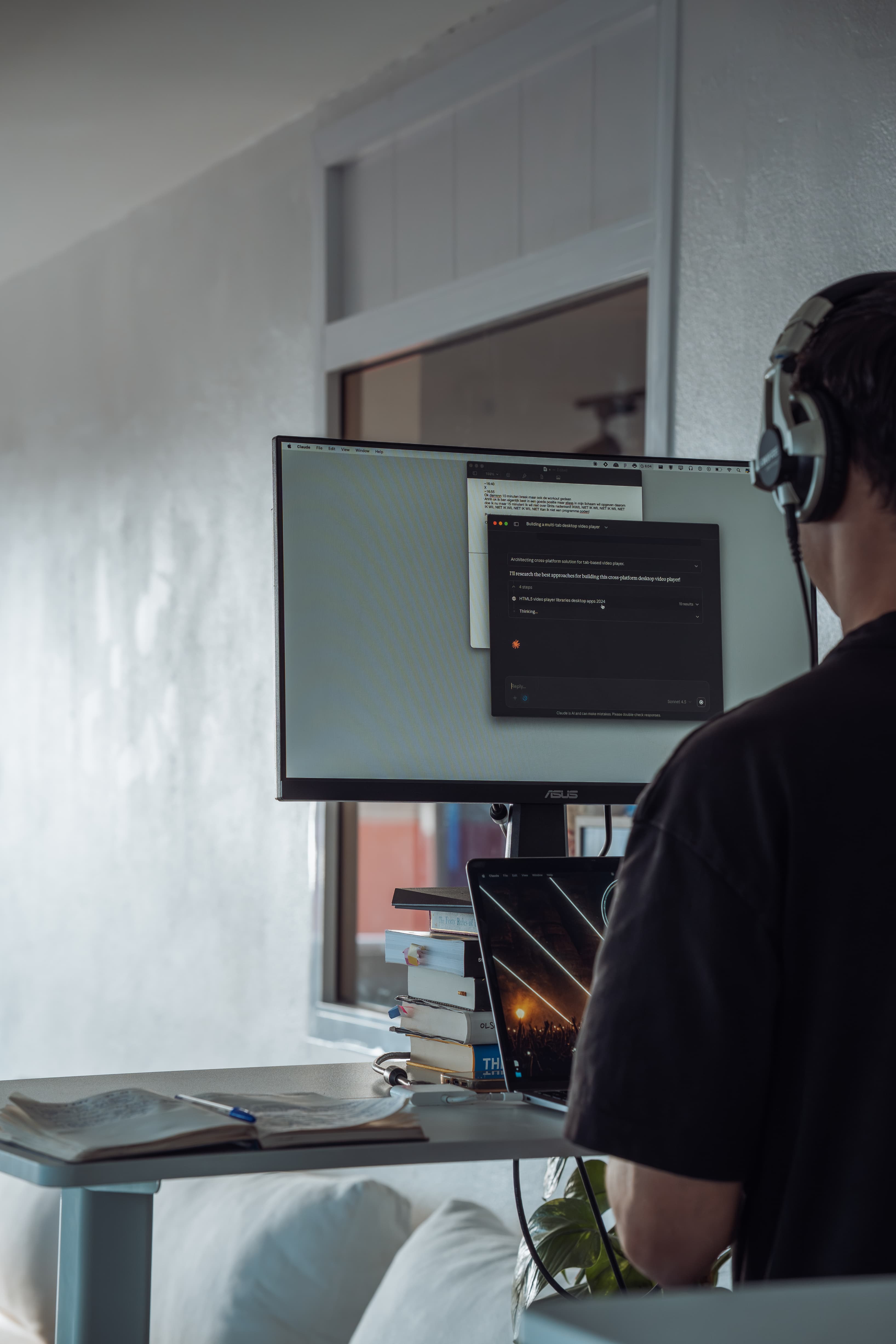 Developer at Amsiln Studio with dual screens and headphones, focused on code—a serious setup rarely seen in Morocco.