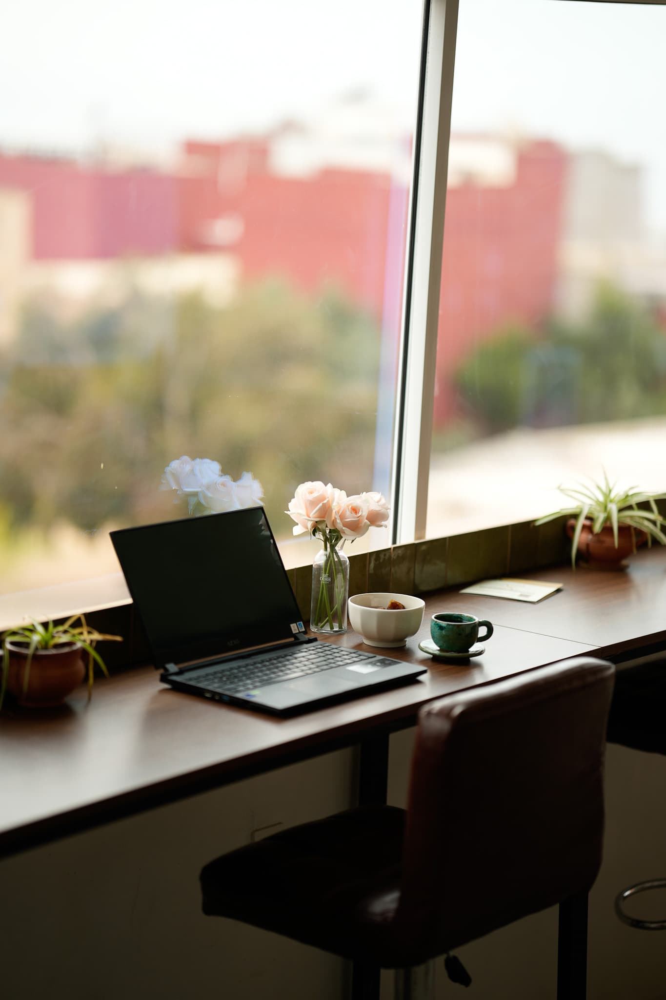 Window desk at Amsiln Studio with laptop, coffee, plants, and greenery outside—a calm setup to start the day right.