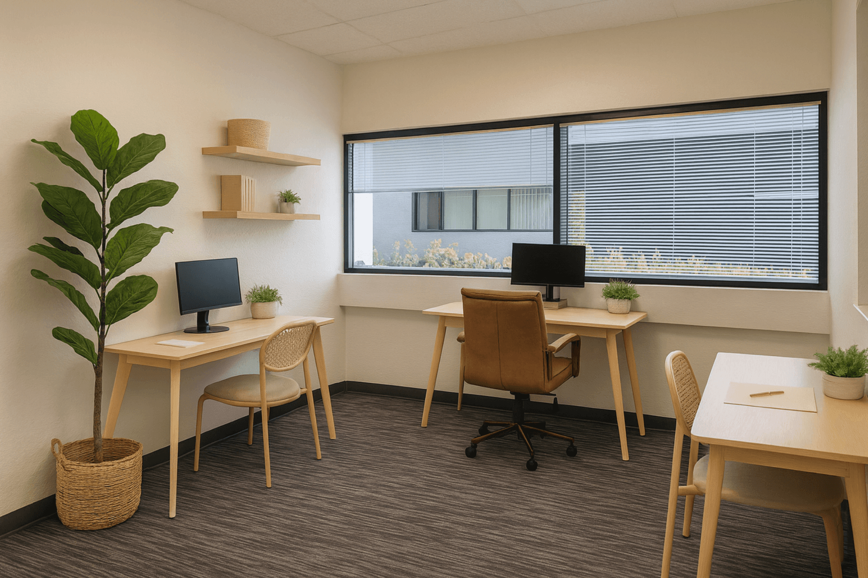 A bright, private workspace with modern furnishings and natural light to support focus and productivity.