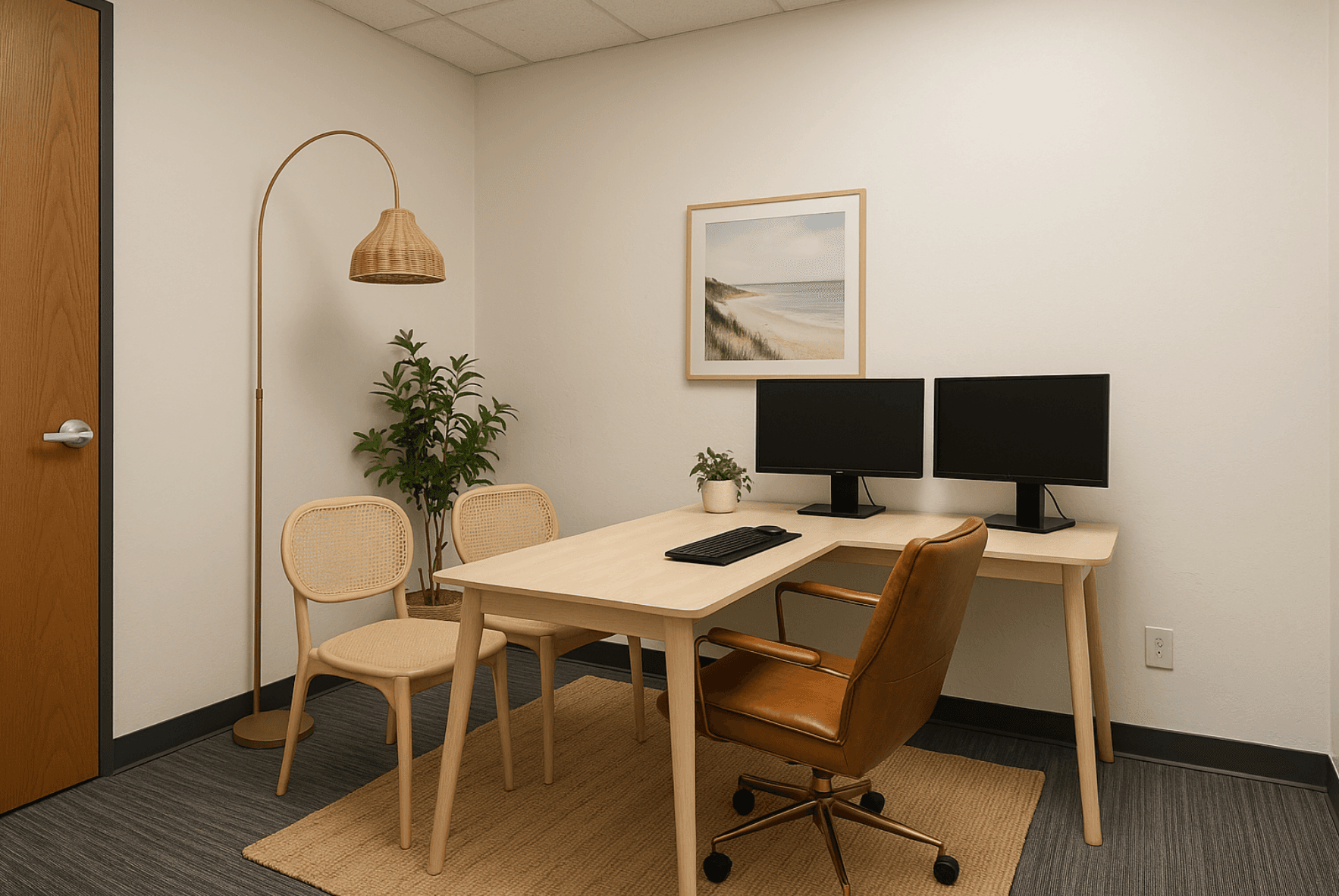 A modern office setup with ergonomic seating and dual monitors, designed for comfort and efficiency.