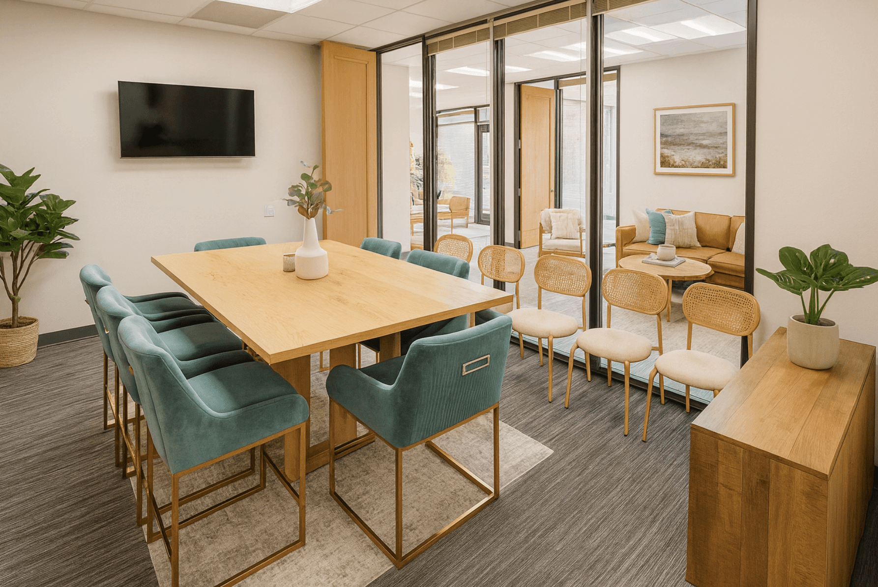 A collaborative meeting space with warm wood tones and comfortable seating for group sessions.