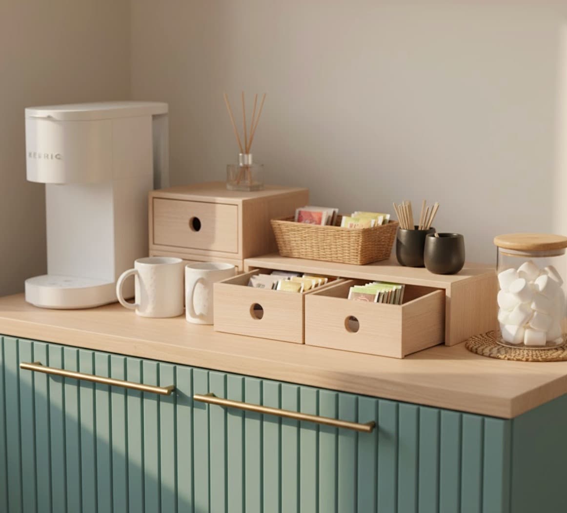 A thoughtfully designed refreshment station with coffee and tea, featuring clean lines and natural textures.