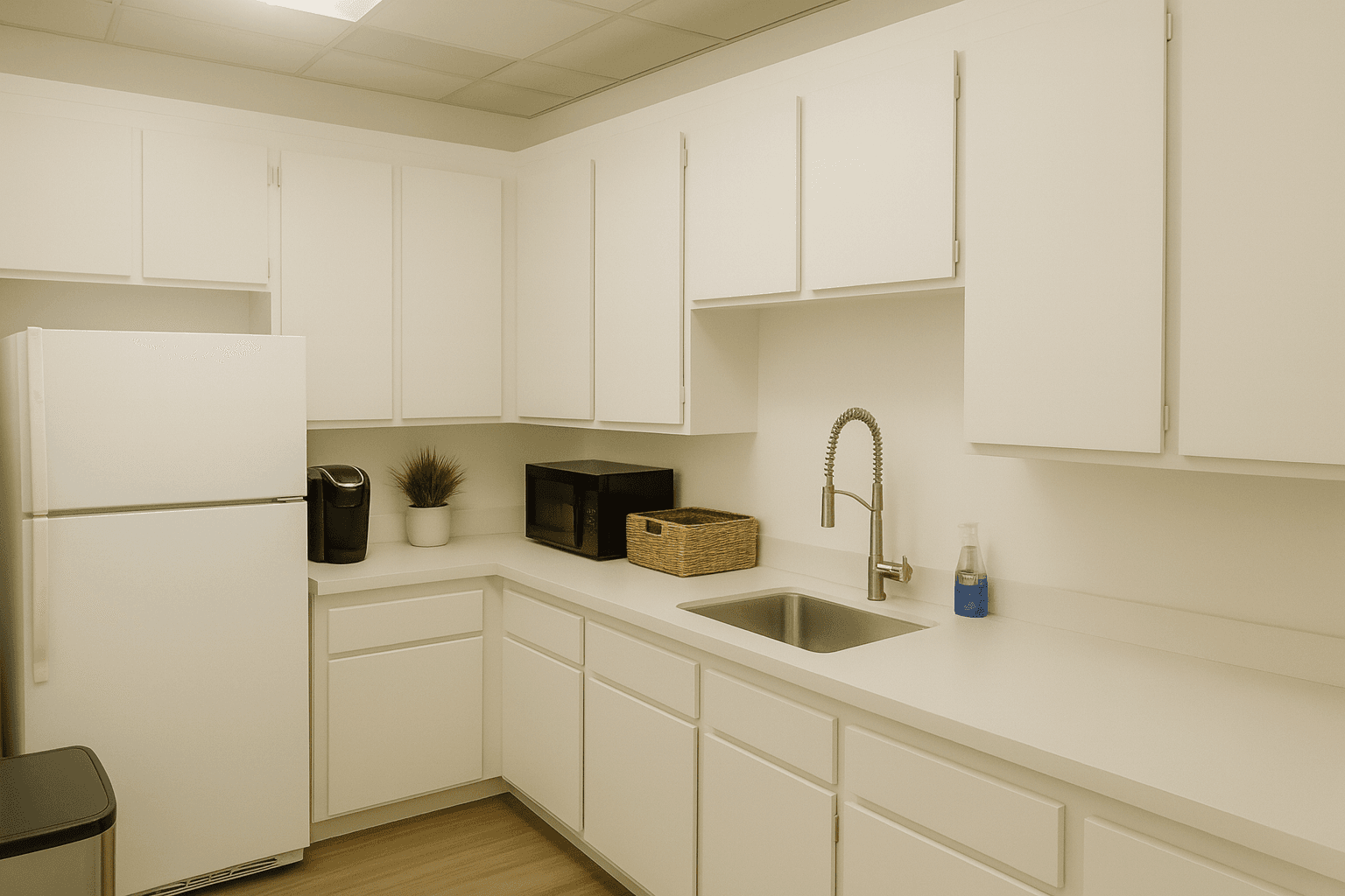 A clean, fully equipped kitchenette with ample counter space for convenient breaks and refreshments.
