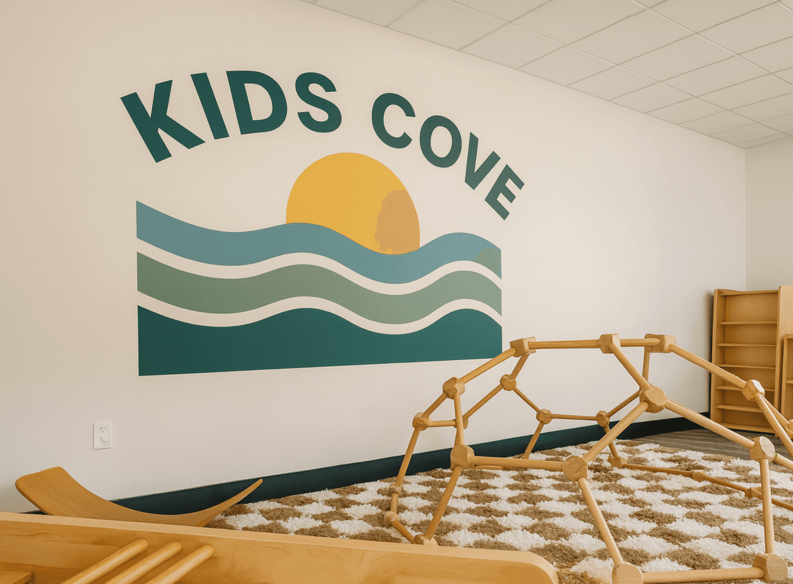 cheerful Kids Cove space with a playful mural and natural elements designed to inspire creativity..