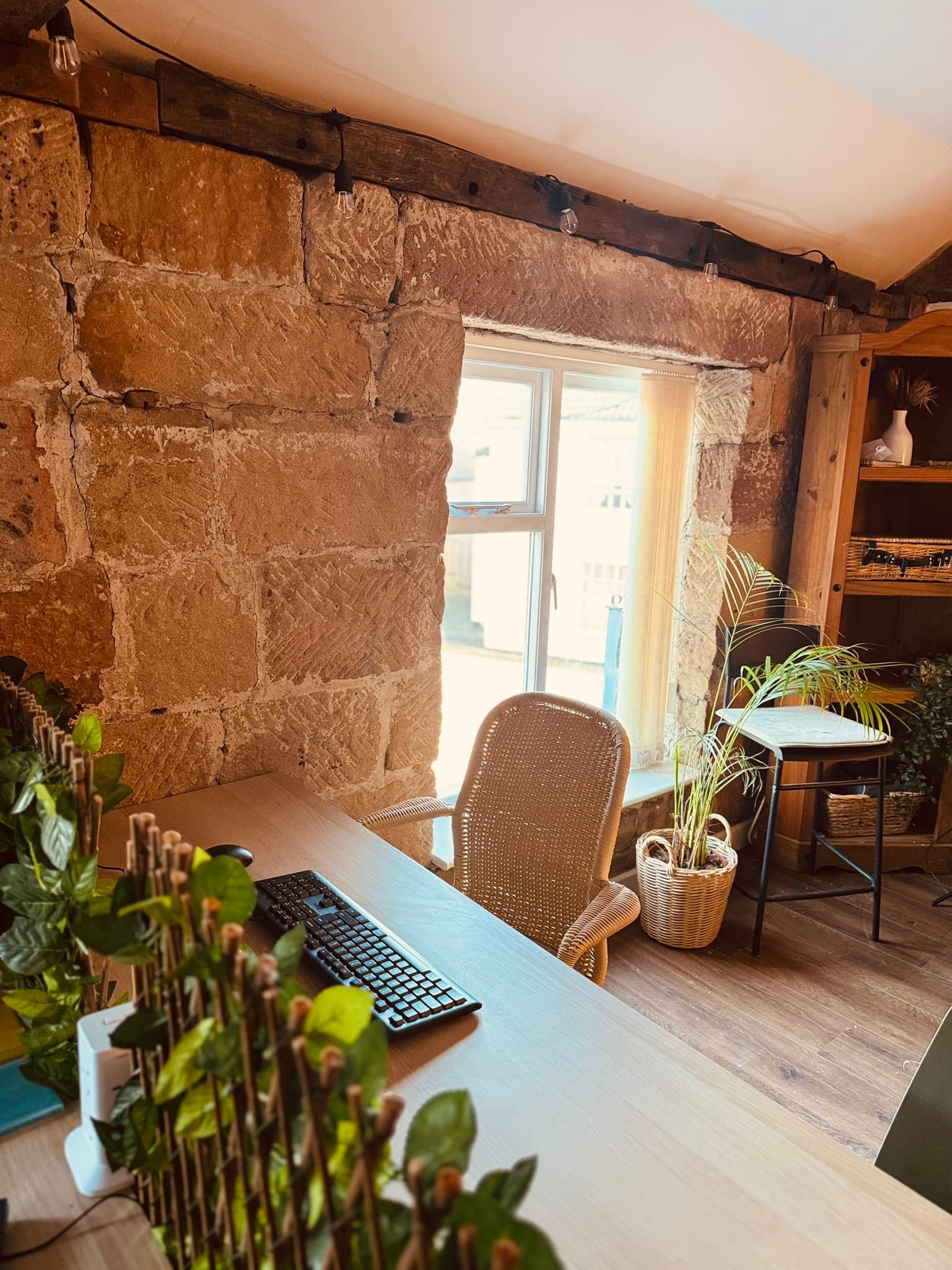 Premium desk, stone wall