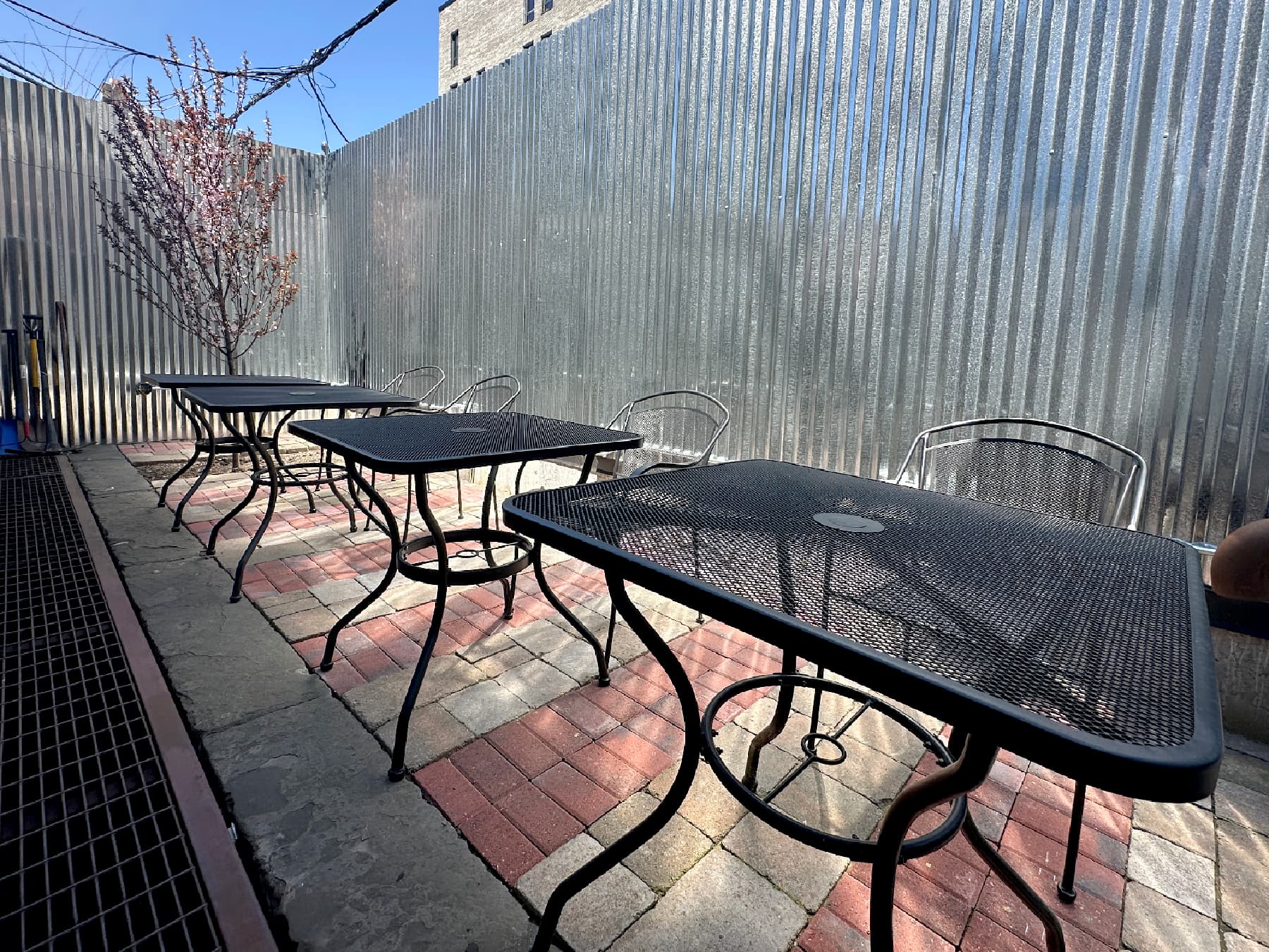 Outdoor workspace with power and wifi is shaded by our tree