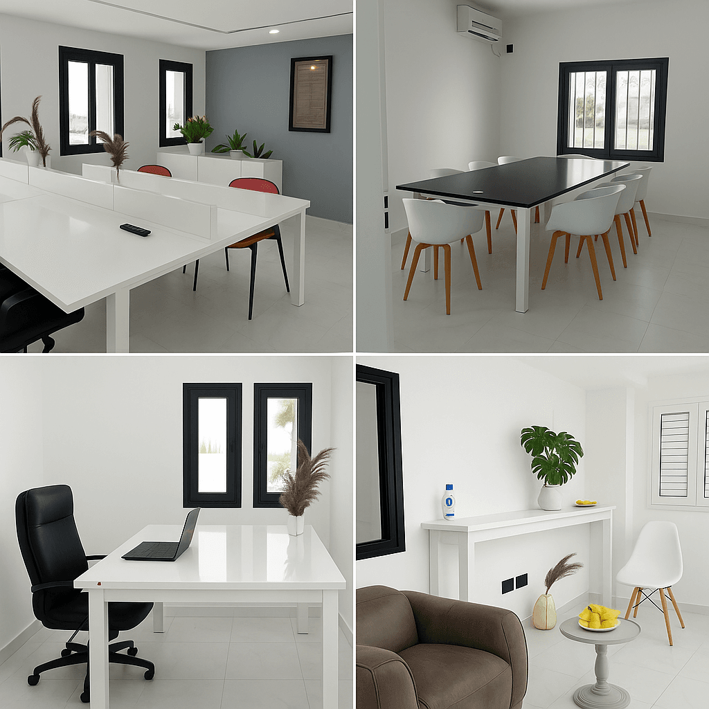 Modern and minimalist office space featuring a bright open area with white desks and red chairs, an elegant meeting room with