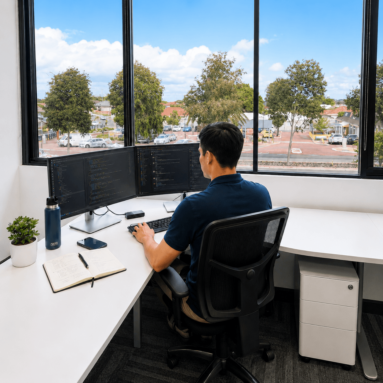 A professional workstation with dual monitors and high-speed internet, ready for you to plug in and get started.