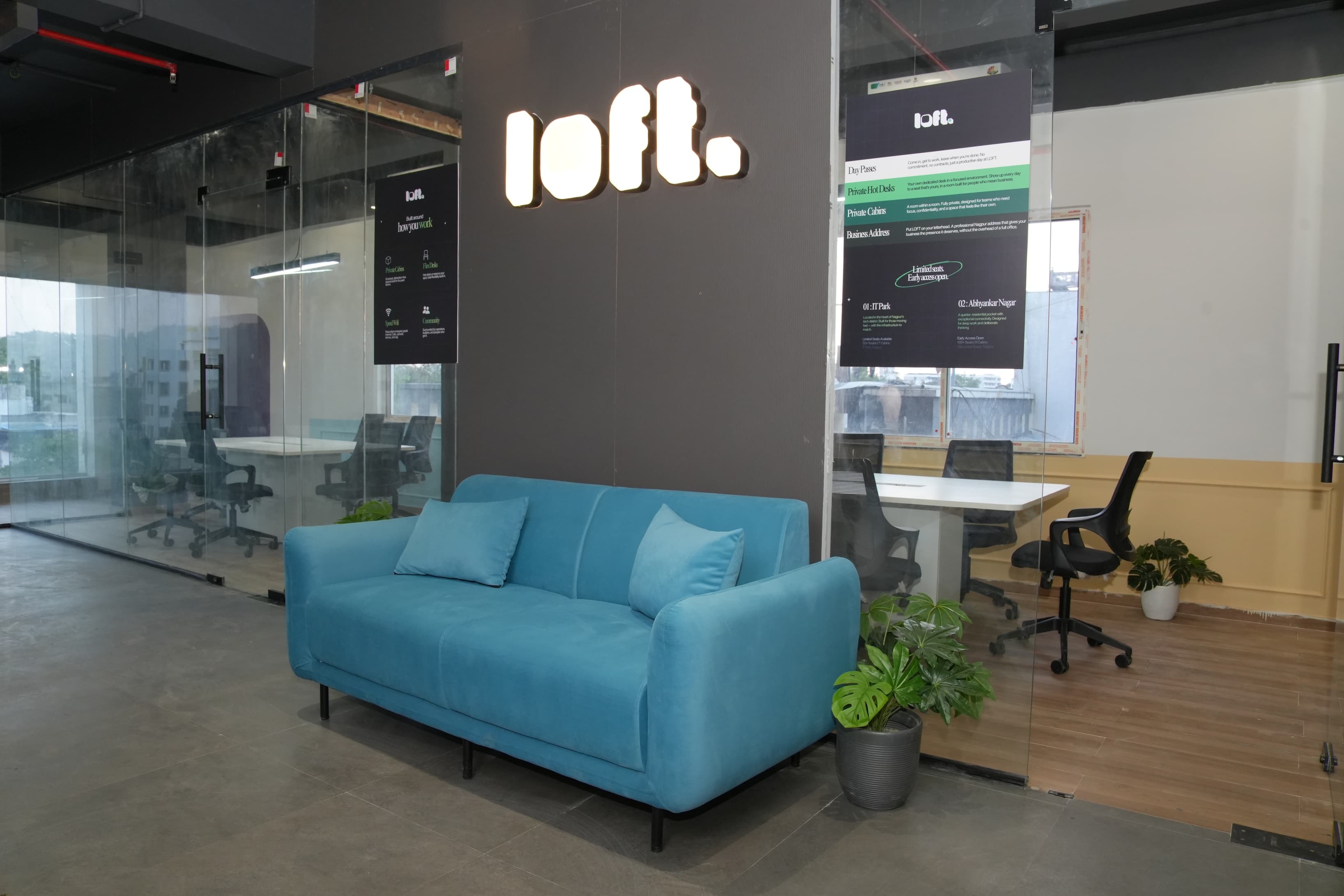 A thoughtfully designed coworking space offering productive, comfortable, and professional work environments.