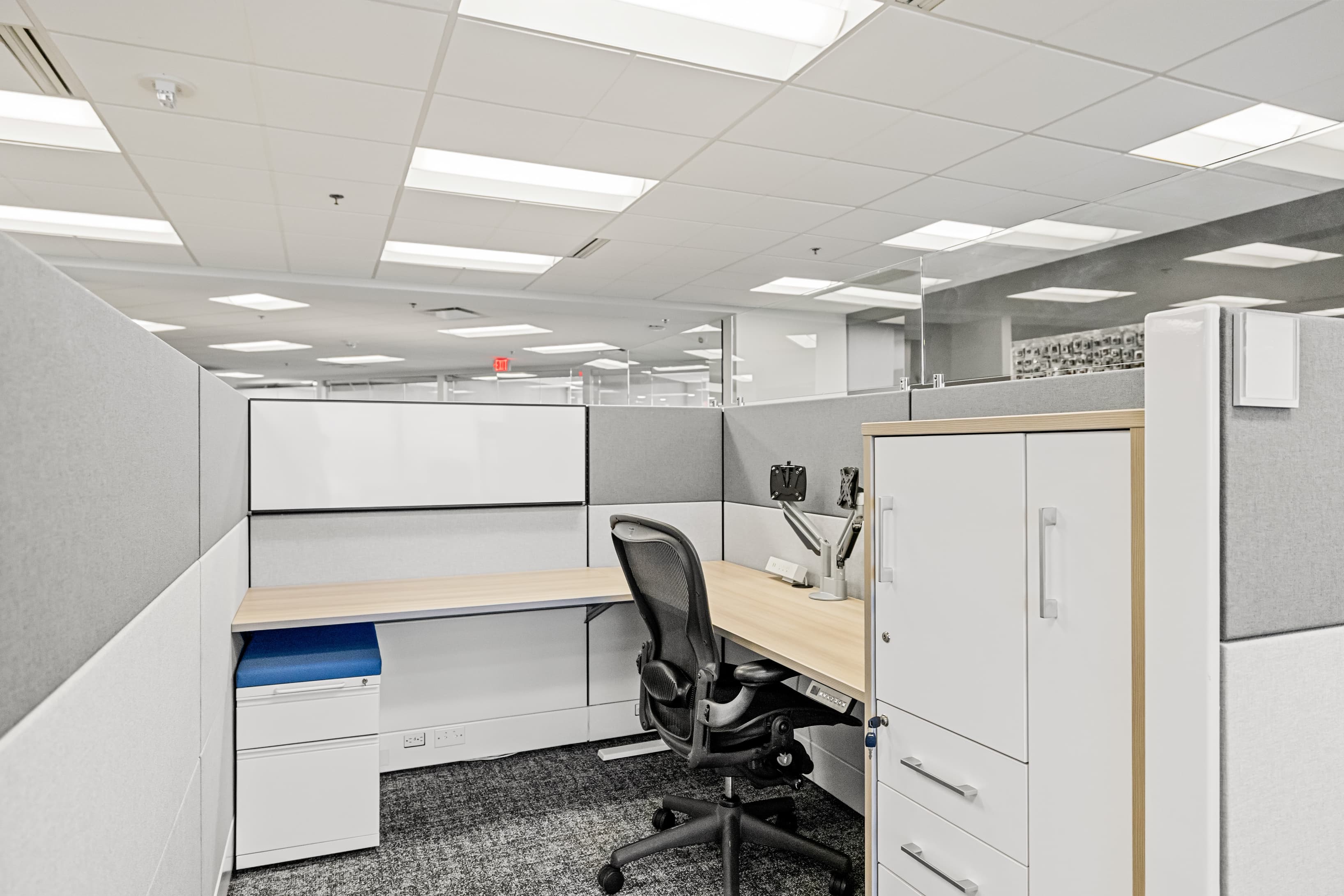 Semi-Private cubicles with height adjustable desks and plenty of lockable storage!