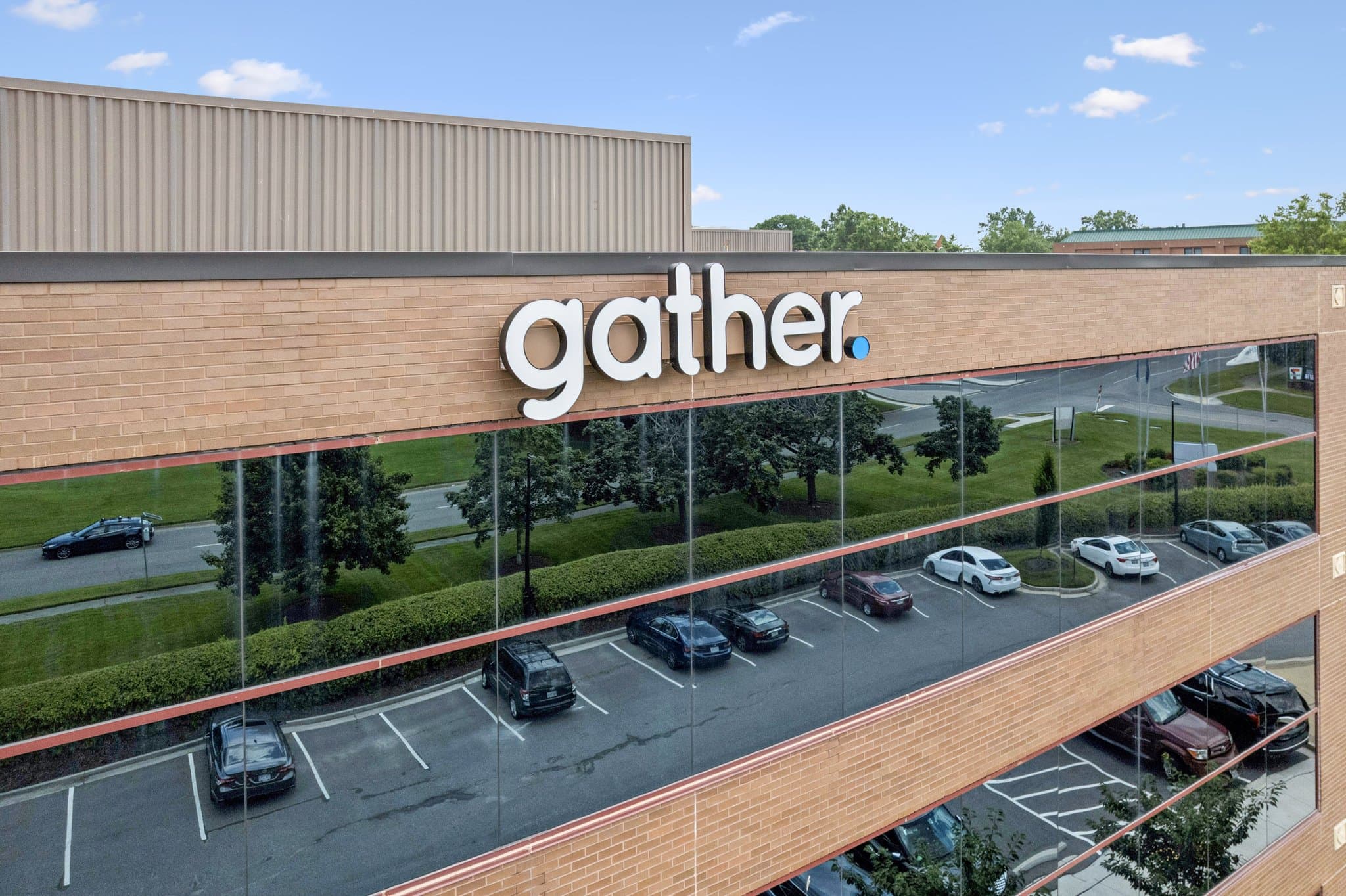 Gather logo on the side of the building. Gather logo on the side of the building.