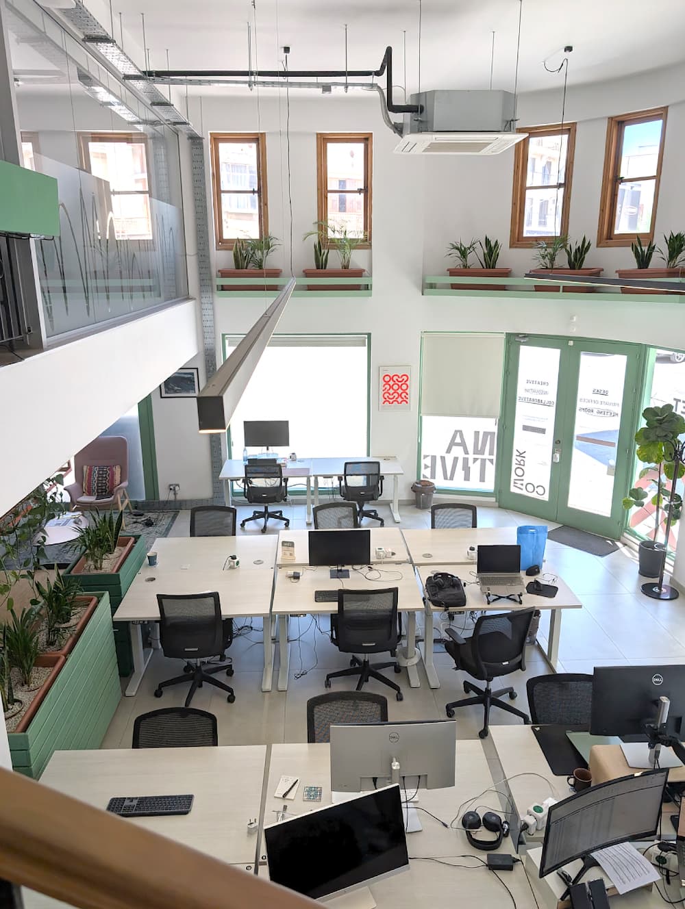 Our space consists of 18 Desks in the open areas. Our space consists of 18 Desks in the open areas.
