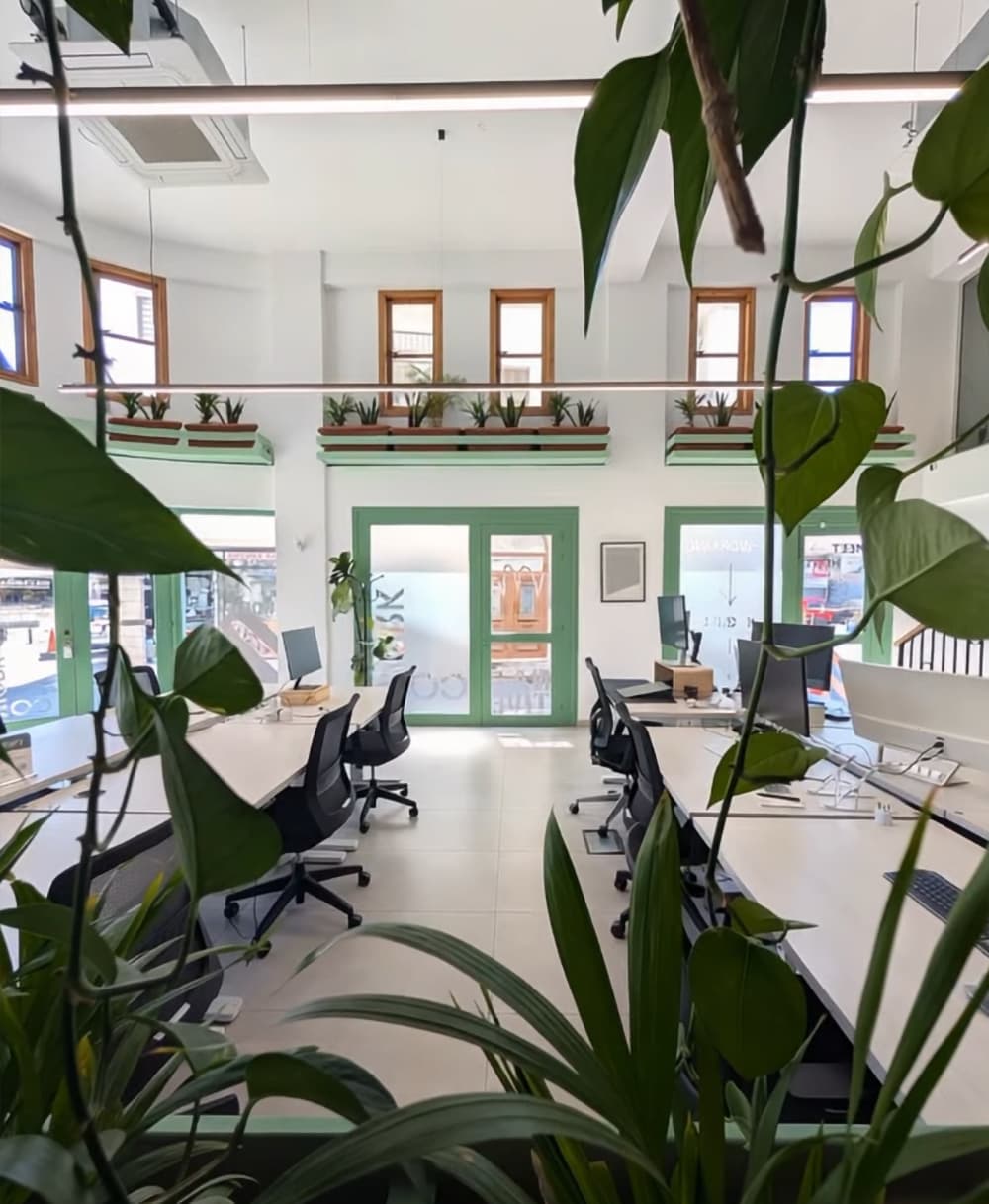 View from the kitchenette overlooking the open-planned coworking areas. View from the kitchenette overlooking the open-planned coworking areas.