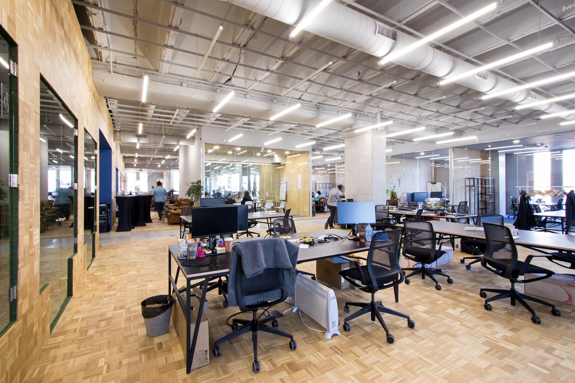 The space has tall ceilings and industrial-inspired design The space has tall ceilings and industrial-inspired design