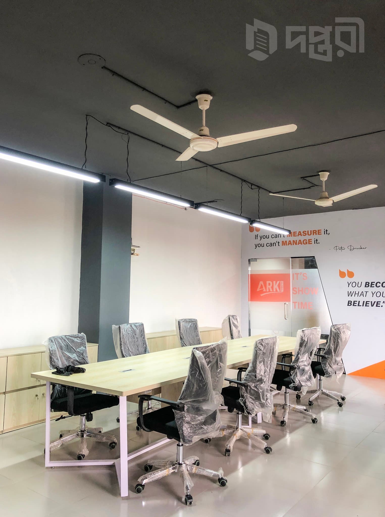 A well-lit conference room with comfortable seating, minimalist décor, and motivational wall graphics, designed to support pr A well-lit conference room with comfortable seating, minimalist décor, and motivational wall graphics, designed to support pr