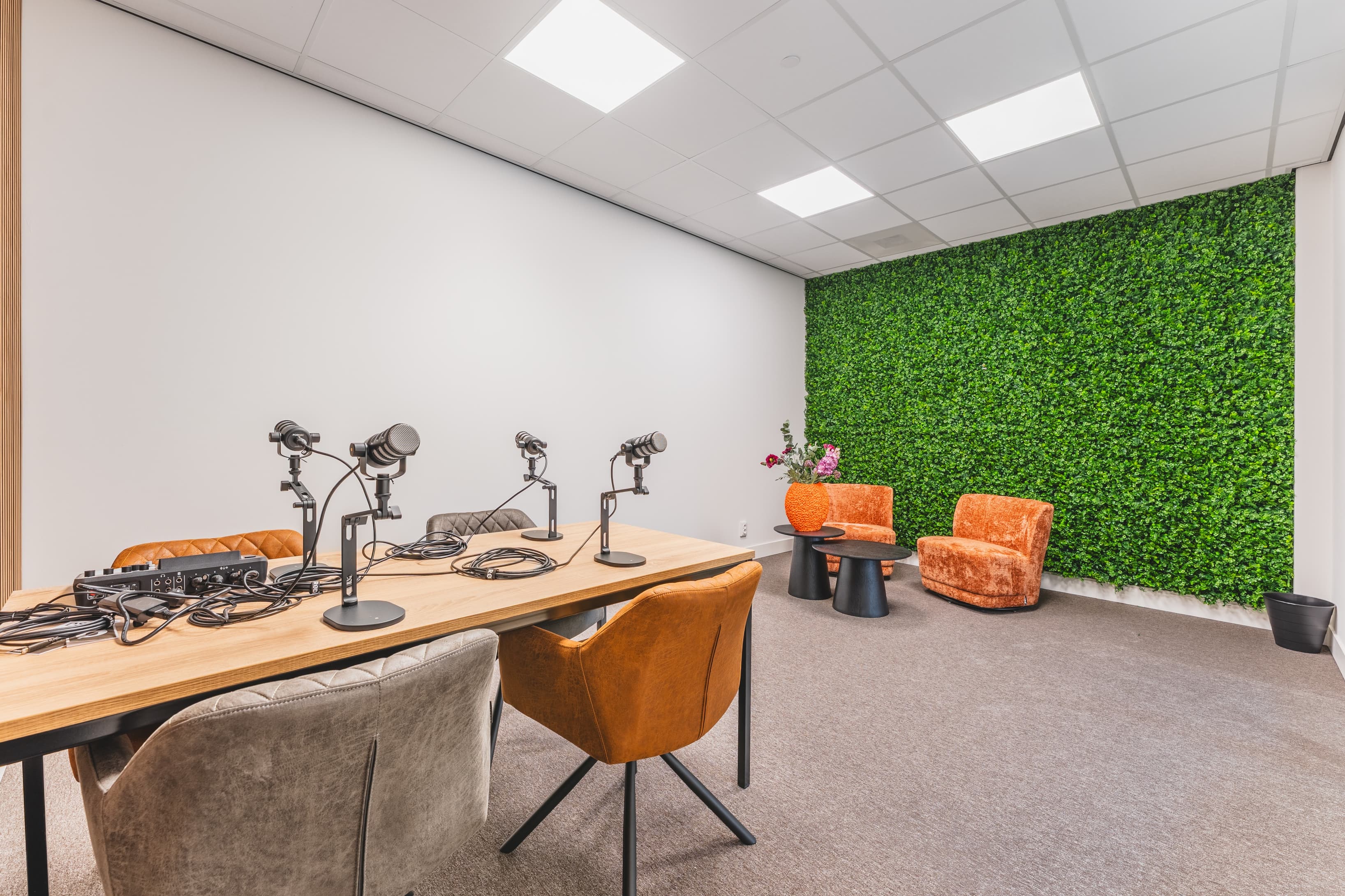 Fully equipped podcast and recording space with professional microphones and sound setup. Fully equipped podcast and recording space with professional microphones and sound setup.