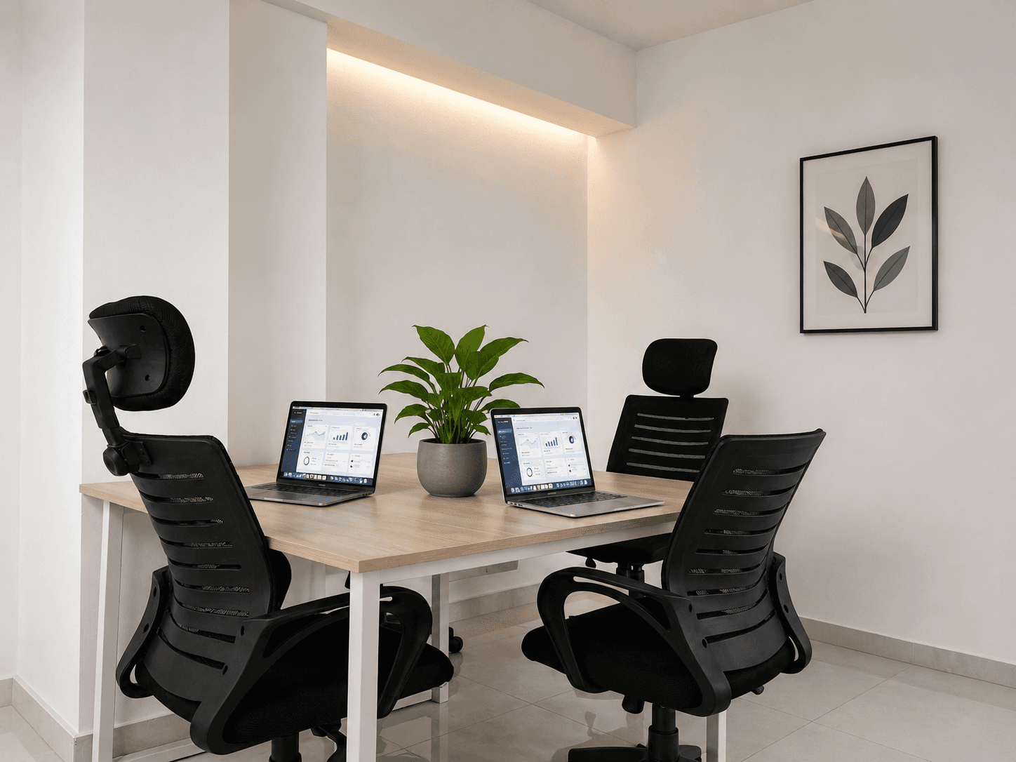 Cozy up to 4-person workspace with laptops, and warm ambient lighting. Cozy up to 4-person workspace with laptops, and warm ambient lighting.