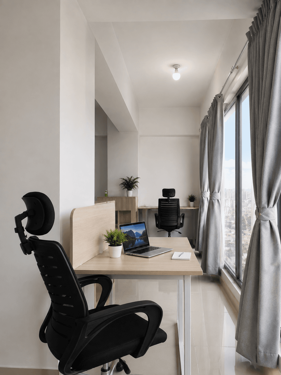 Compact 2-seater setup with balcony view, ideal for focused work. Compact 2-seater setup with balcony view, ideal for focused work.