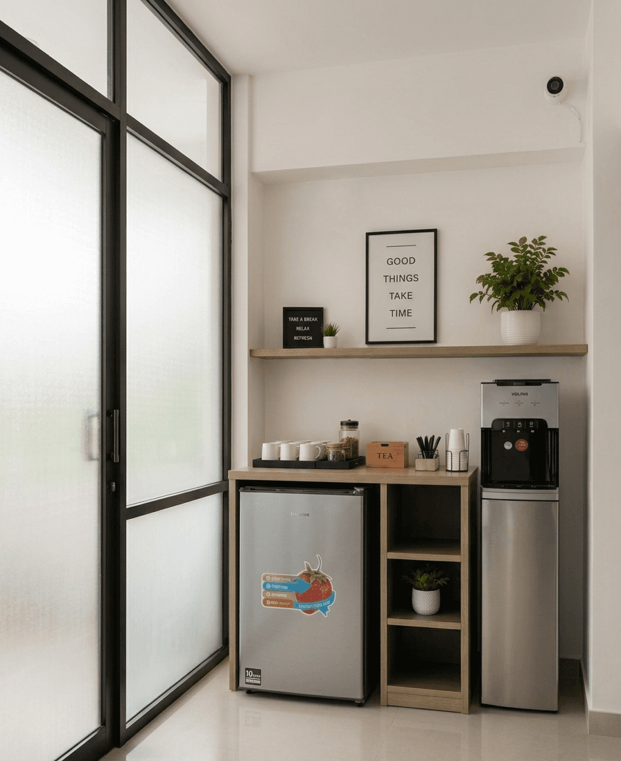 Mini fridge, water dispenser, tea/coffee station for quick breaks. Mini fridge, water dispenser, tea/coffee station for quick breaks.
