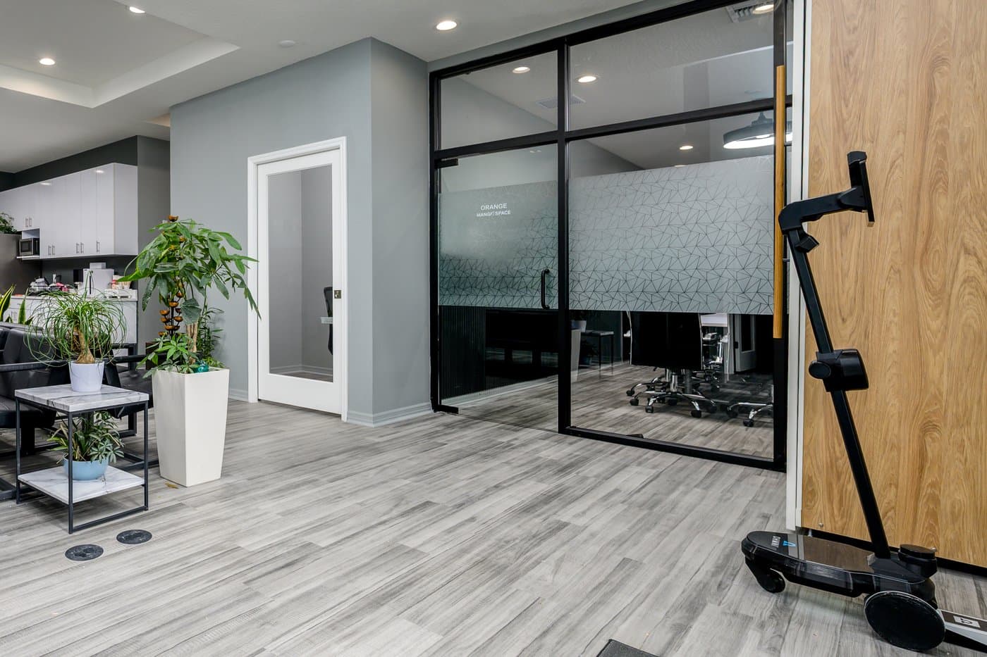 Lobby with the glass-walled Orange Mango conference room and our telepresence concierge robot. Lobby with the glass-walled Orange Mango conference room and our telepresence concierge robot.