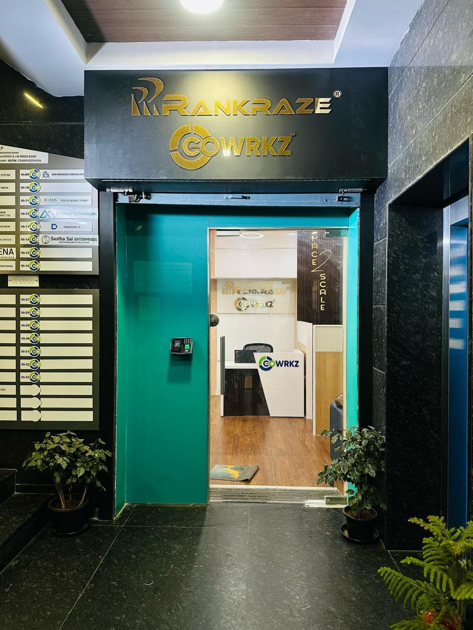 Modern coworking space entrance with secure and professional interiors. Modern coworking space entrance with secure and professional interiors.