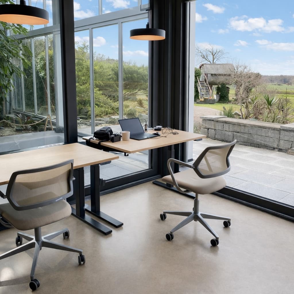 Flex desks with ergonomic chairs by large corner windows, offering inspiring nature views and abundant natural light. Flex desks with ergonomic chairs by large corner windows, offering inspiring nature views and abundant natural light.