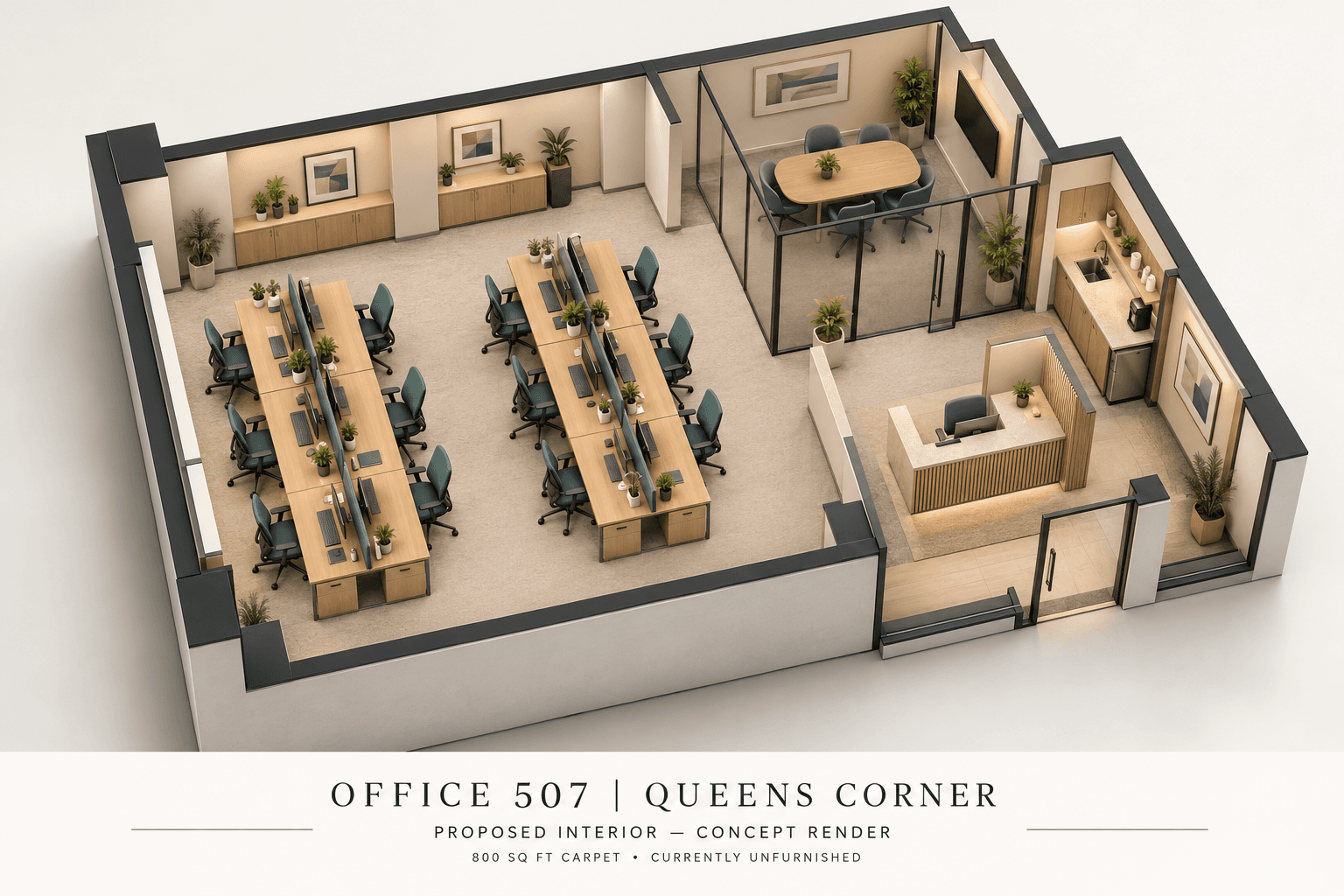Proposed interior concept: Office 507 overview. Currently unfurnished; fit-out included before handover. Illustrative, not a Proposed interior concept: Office 507 overview. Currently unfurnished; fit-out included before handover. Illustrative, not a