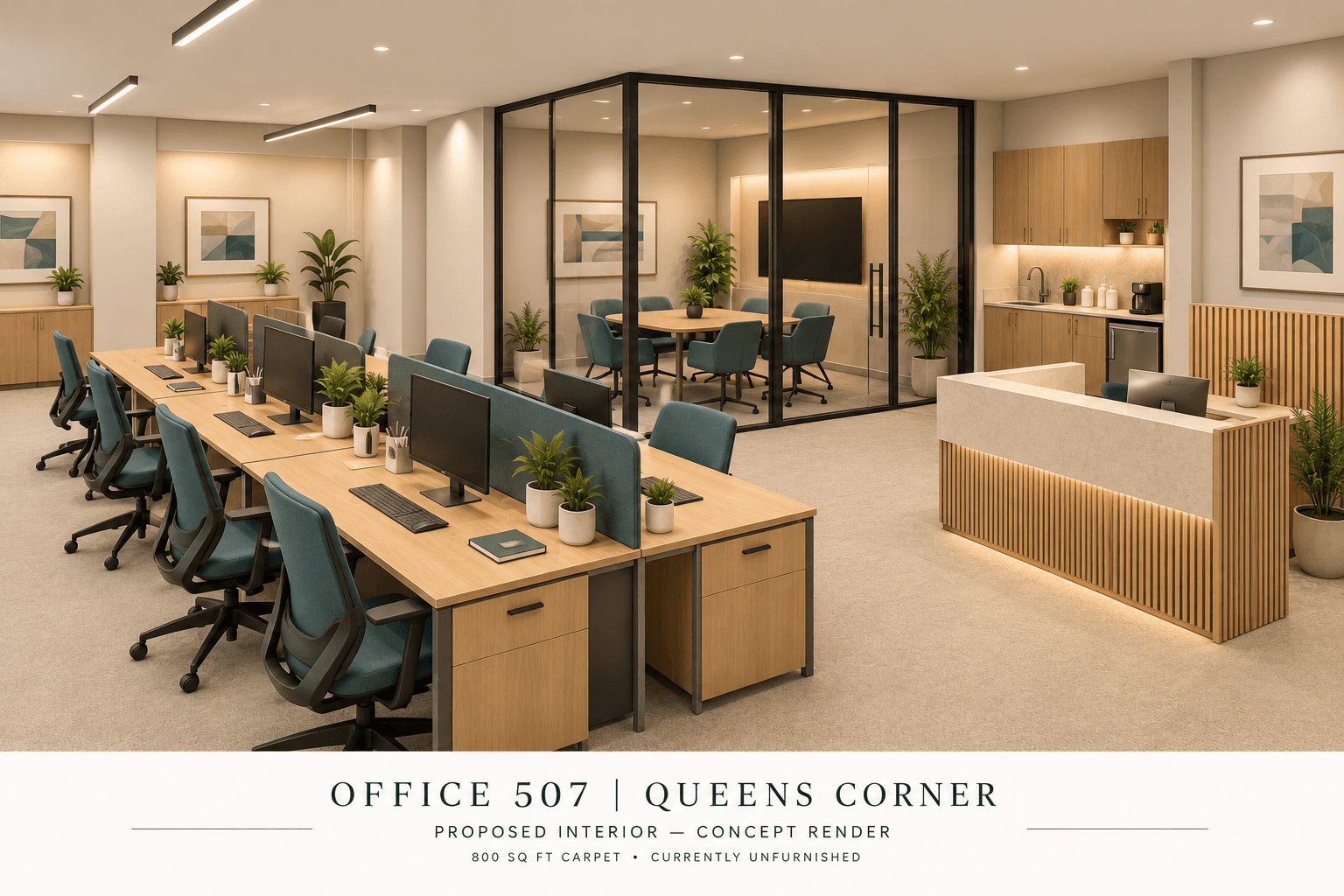 Proposed interior concept: workstation area, reception and mini pantry. Currently unfurnished; illustrative fit-out. Proposed interior concept: workstation area, reception and mini pantry. Currently unfurnished; illustrative fit-out.