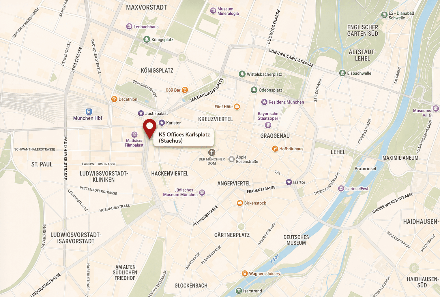 Directly located at Karlsplatz, only 10 minutes by foot away from the main station. Directly located at Karlsplatz, only 10 minutes by foot away from the main station.