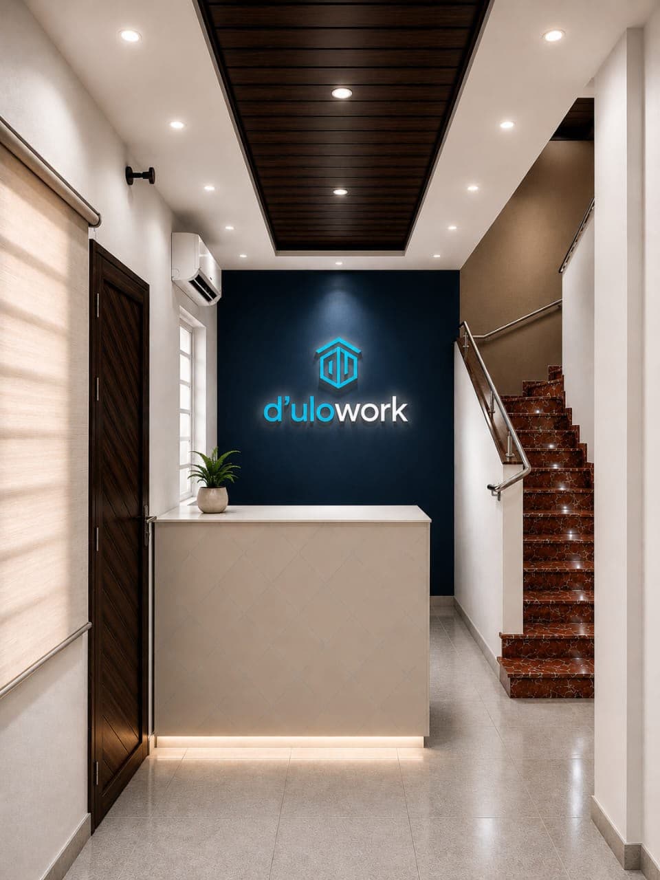 Modern reception area at D'ulowork, providing a welcoming entrance for members and visitors. Modern reception area at D'ulowork, providing a welcoming entrance for members and visitors.