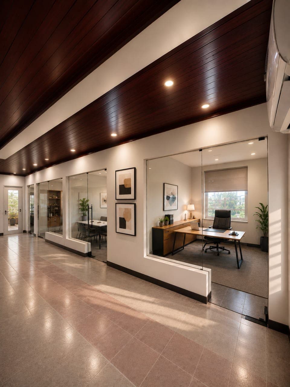 Modern coworking workspace at Dulowork with private workstations, glass offices and natural lighting. Modern coworking workspace at Dulowork with private workstations, glass offices and natural lighting.